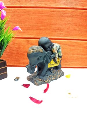 Cute Baby Monk on Elephant Idol Decorative Showpiece