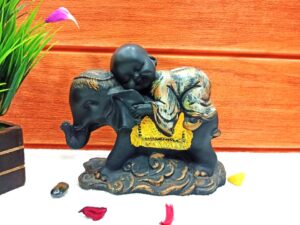 Cute Baby Monk on Elephant Idol Decorative Showpiece