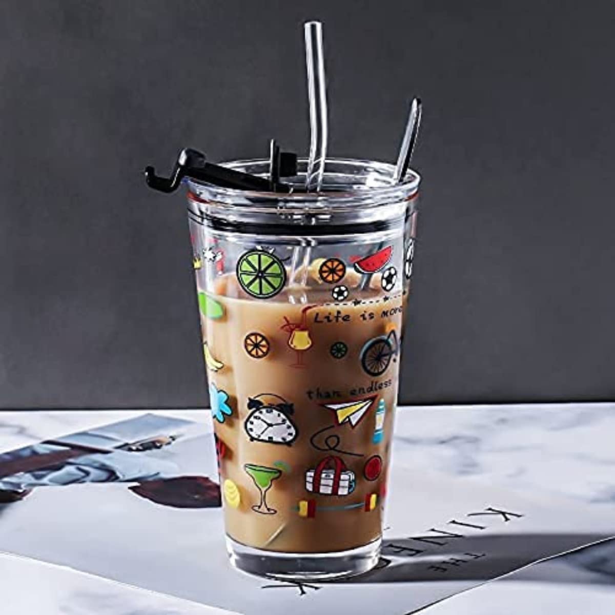 Cute MOTIVATION Theme With STRAW LID Iced Coffee Glass Can 