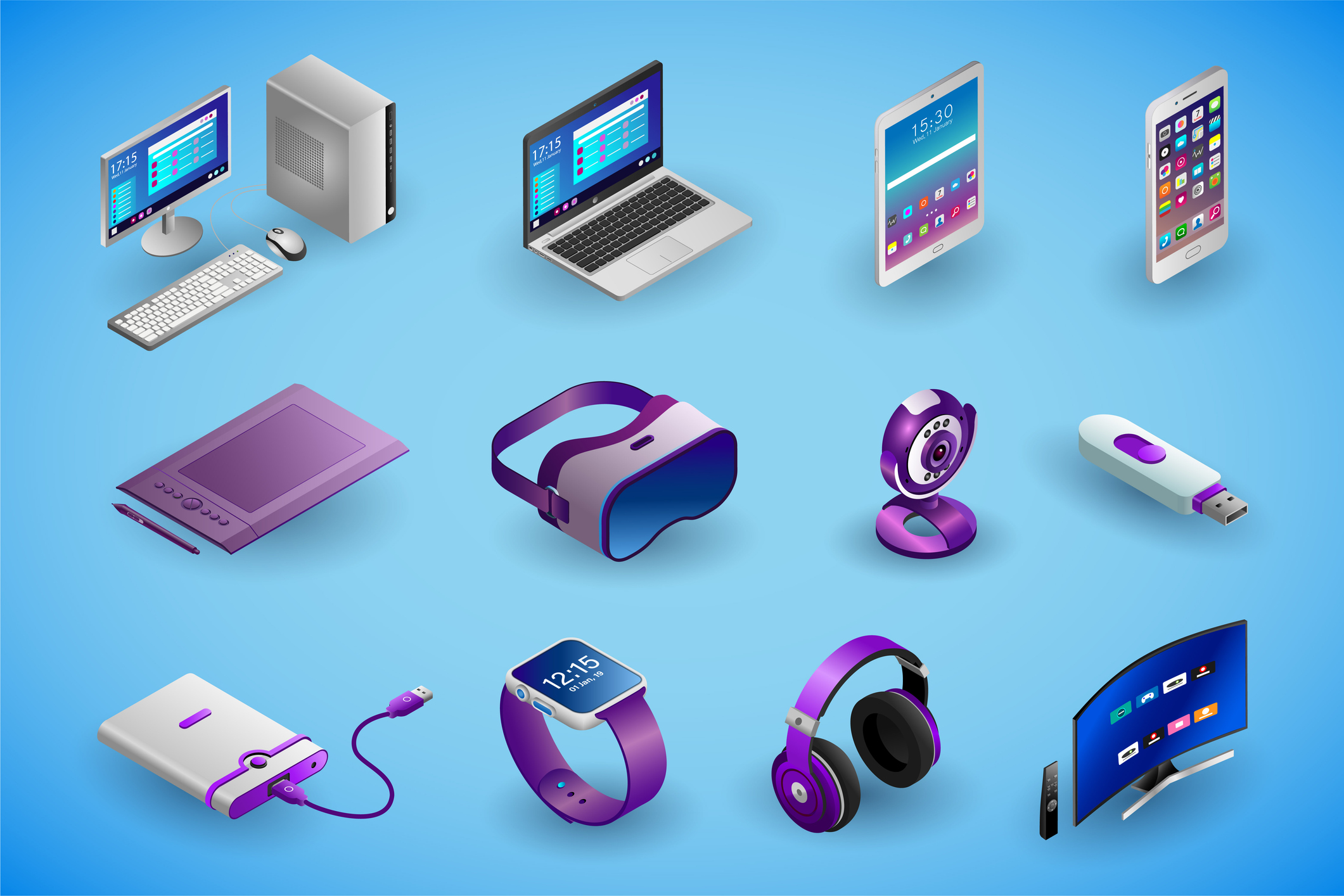 Realistic electronic devices and gadgets in isometry. Vector isometric illustration of electronic devices isolated on blue background. Desktop PC, laptop, smartphone, digital tablet, graphics tablet, virtual reality glasses, webcam, USB flash drive, external hdd, smartwatch, headphones, smart TV